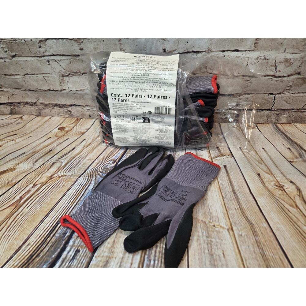 Amazon Basics Nylon Gloves Size 9 Grey 12 Pair Touch Screen Nitrile Coated...